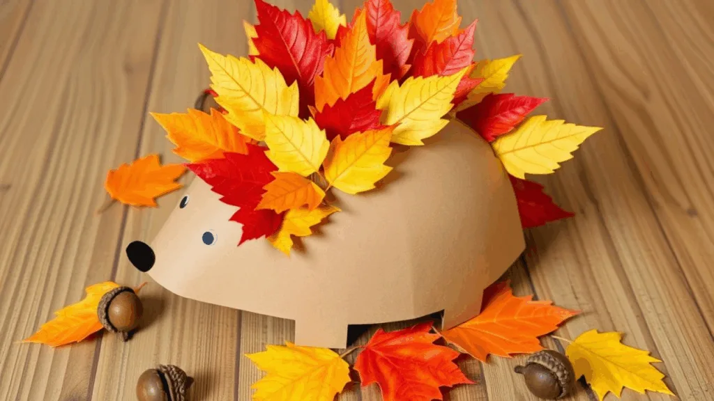 Fertiger Igel aus Tonpapier mit echten Herbstblättern als Stacheln