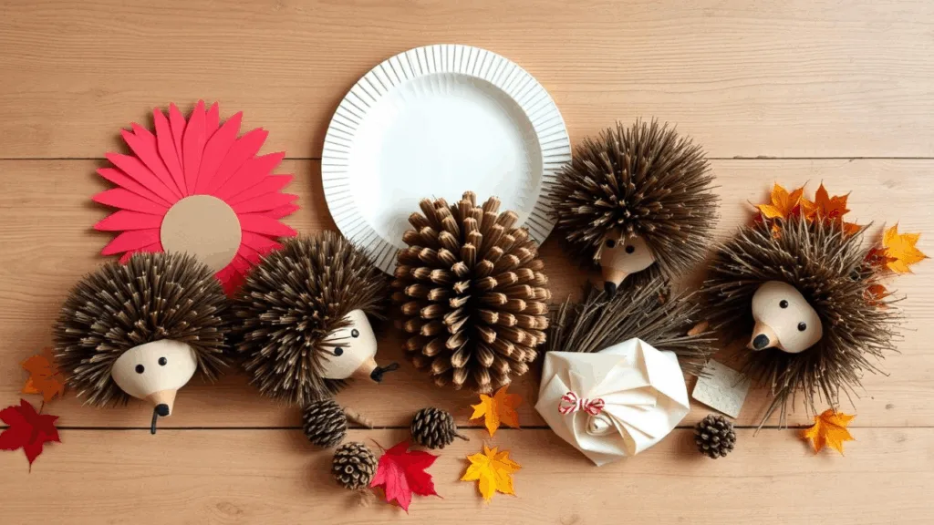 Verschiedene fertige Igel-Basteleien nebeneinander arrangiert als Inspiration