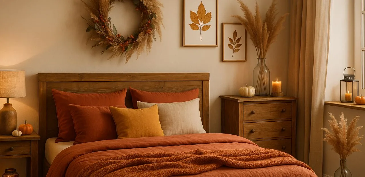 Gemütliches Schlafzimmer mit Herbstdeko, warmen Farben, Holzdetails und natürlichen Materialien.