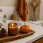 Herbstdeko im Badezimmer mit Kürbissen, Kerze und Eukalyptus auf Holztablett – warme, gemütliche Stimmung.