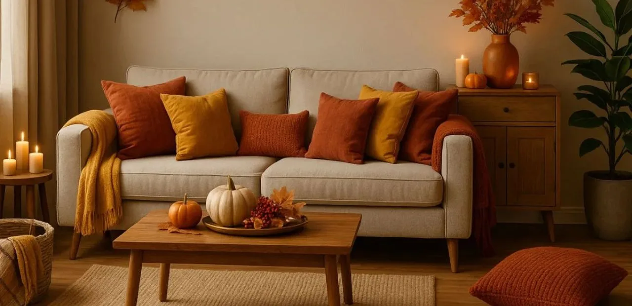 Gemütliches Wohnzimmer mit herbstlicher Wohnungsdekoration, warmen Farben, Kissen, Kürbissen und Kerzen.