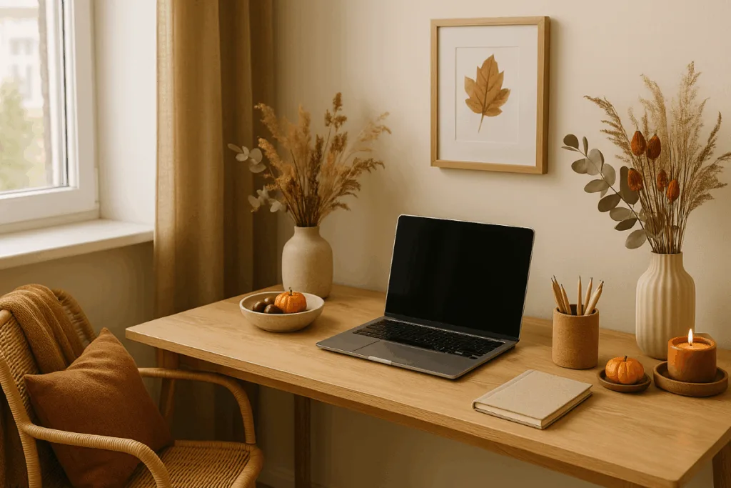 Homeoffice herbstlich dekorieren - 3 gemütliche Ideen fürs Büro Herbstlich dekoriertes Homeoffice mit Laptop, warmen Farben, Trockenblumen und gemütlicher Atmosphäre.