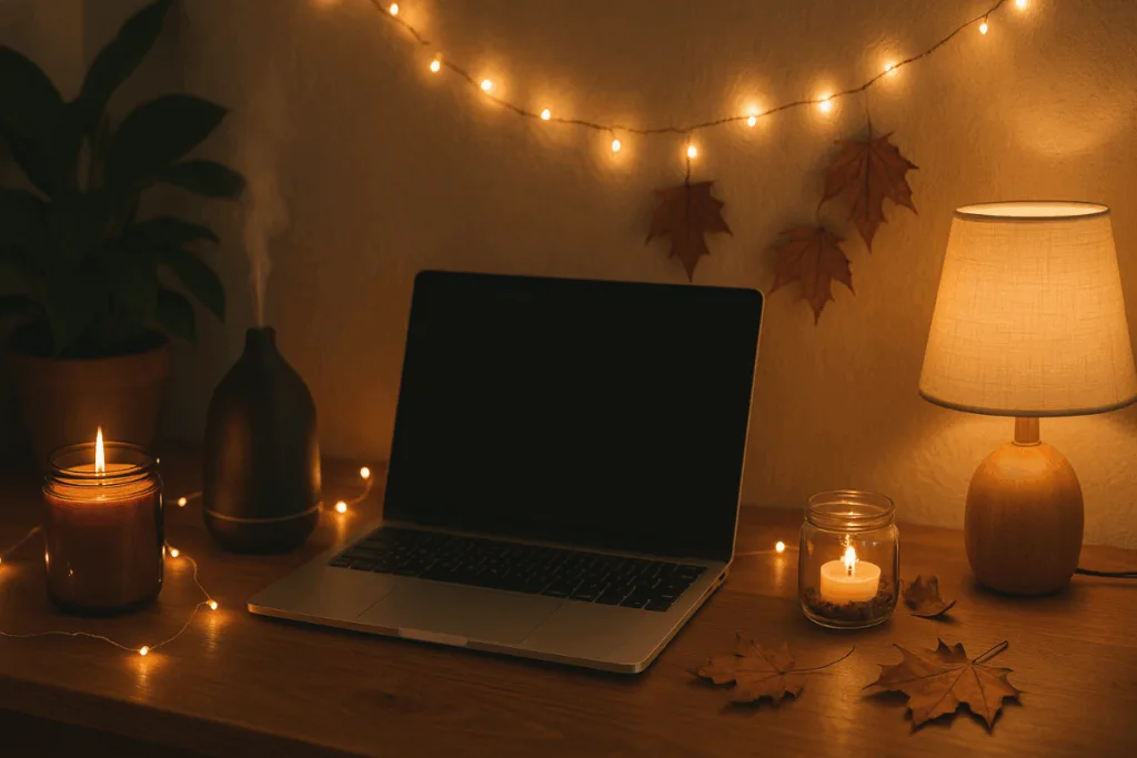 Homeoffice herbstlich dekorieren - 3 gemütliche Ideen fürs Büro Herbstlich dekoriertes Homeoffice mit Laptop, Kerzenlicht und Lichterkette für gemütliche Arbeitsatmosphäre