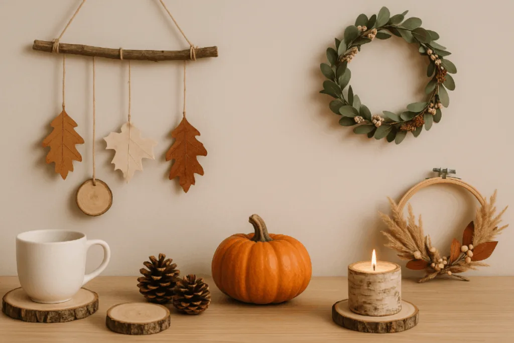 Homeoffice herbstlich dekorieren - 3 gemütliche Ideen fürs Büro Herbstlich dekoriertes Homeoffice mit DIY-Deko aus Naturmaterialien, Kürbis und Kerze für gemütliche Atmosphäre