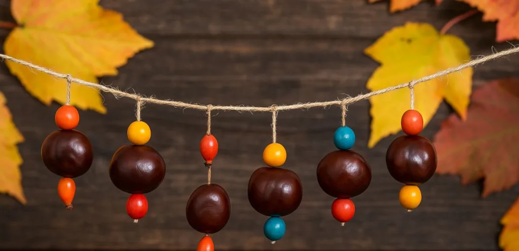 Kastanien basteln: Herbstliche Girlande aus Kastanien, bunten Perlen und Hagebutten als kreative Deko-Idee.