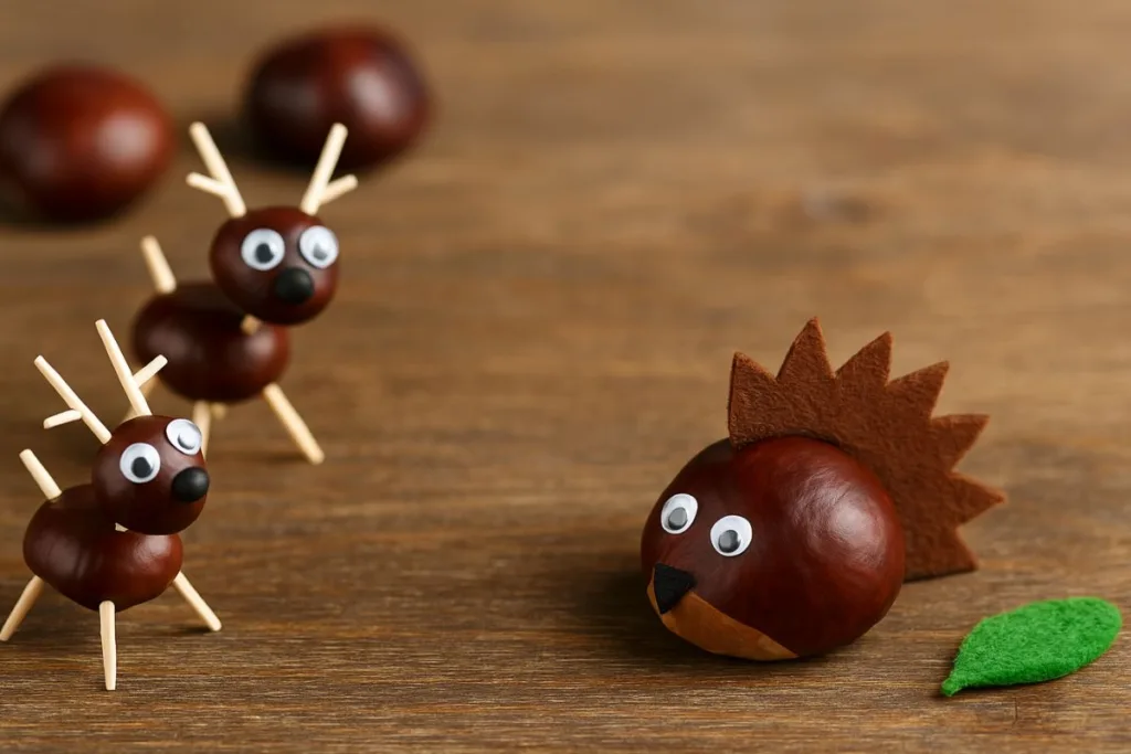 Kastanien basteln mit Kindern: süßer Kastanienigel und Tiere aus Naturmaterialien auf Holztisch.