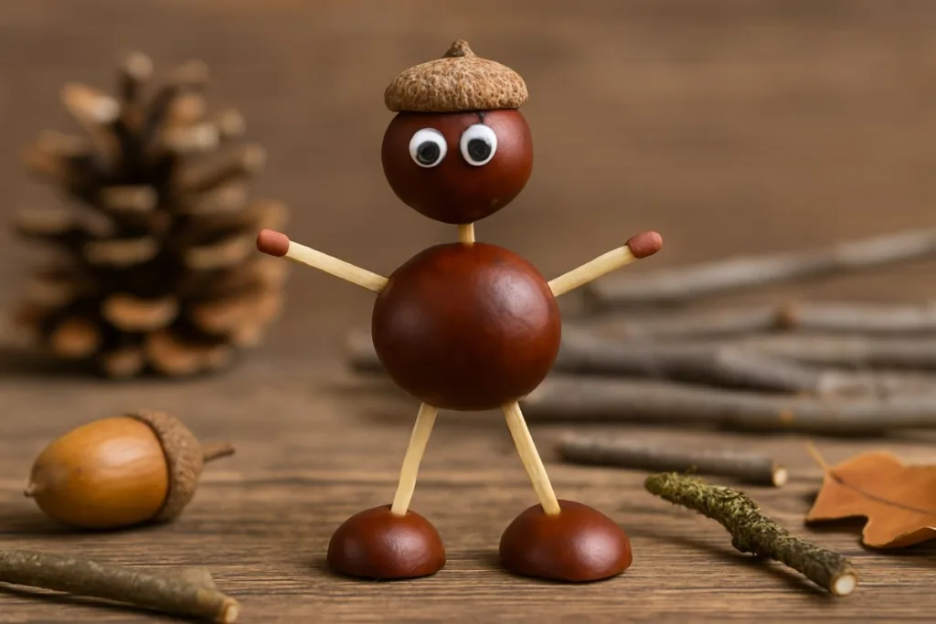 Kastanienmännchen basteln mit Kindern – Figur aus Kastanien und Streichhölzern auf Holztisch im Herbst.
