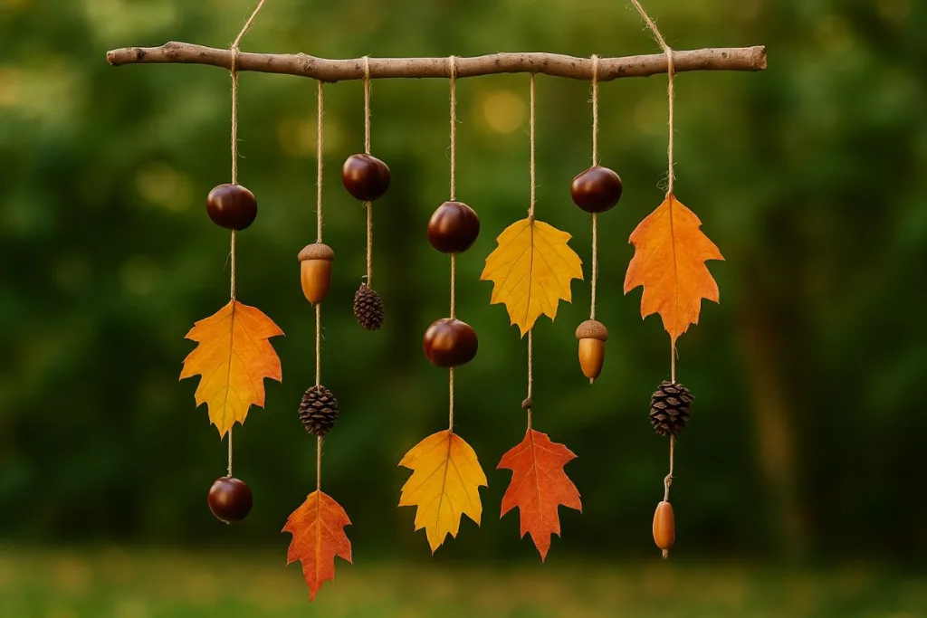 Herbstliches Kastanien-Mobile basteln mit Kindern aus Kastanien, Blättern und Eicheln als kreative Dekoidee.