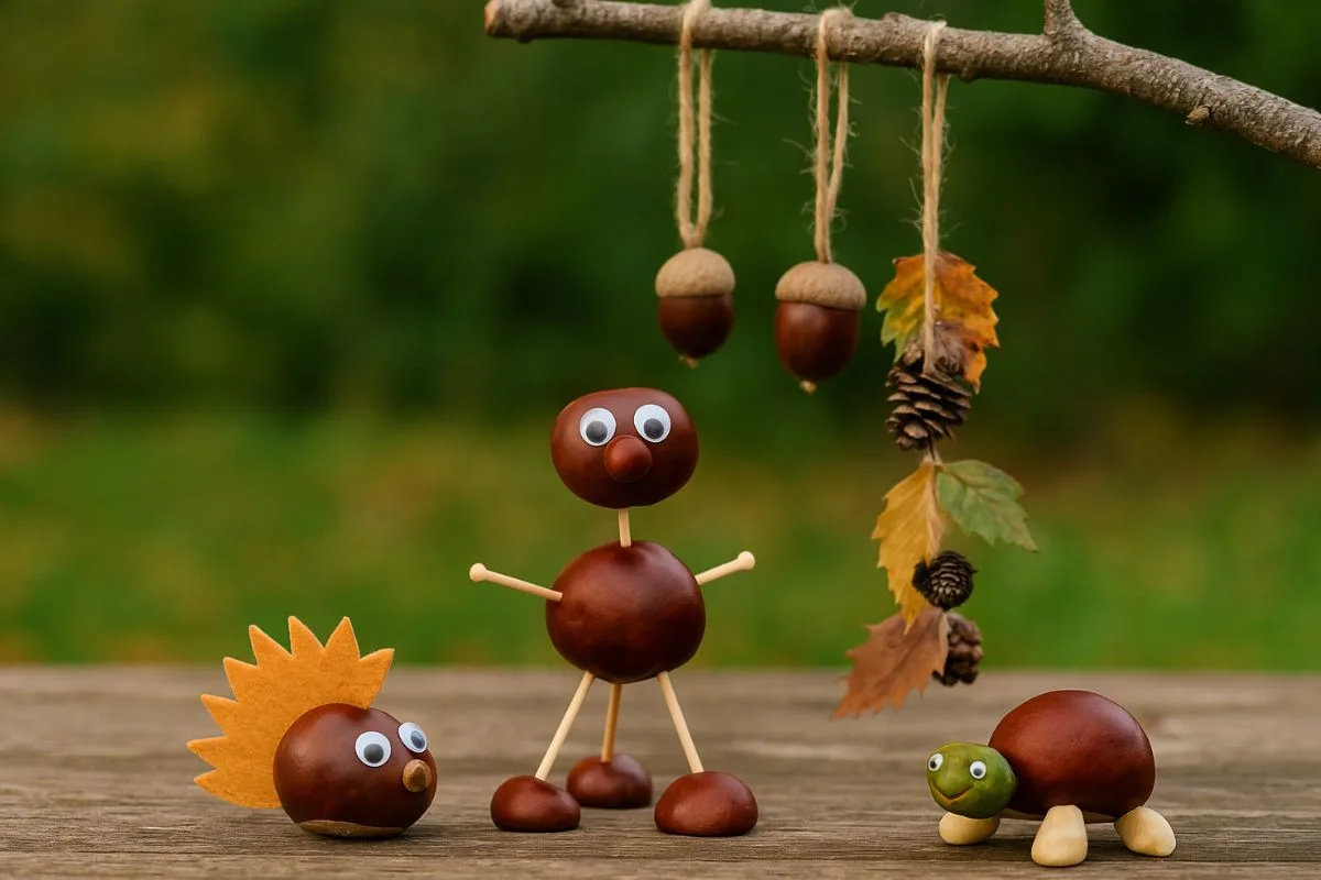 Kastanien basteln mit Kindern: Figuren, Tiere und Mobile aus Kastanien auf Holztisch im Herbst.