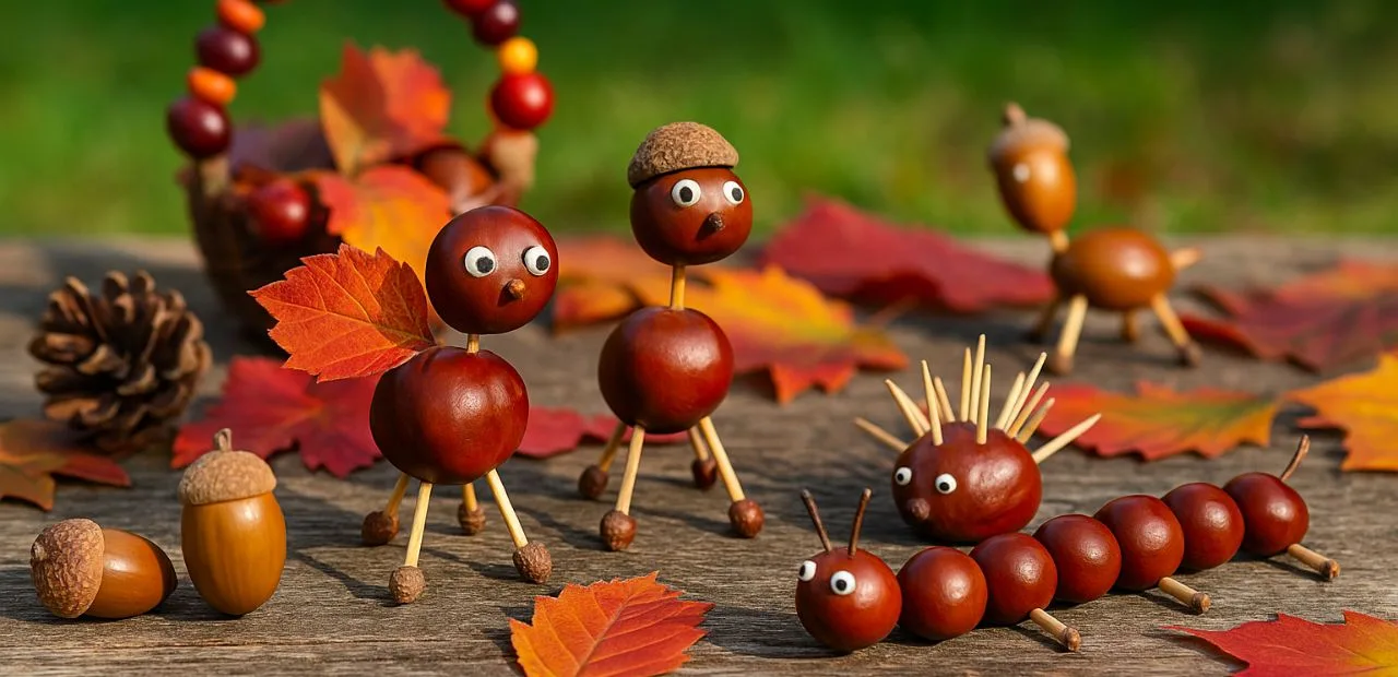 Kastanien basteln: Figuren und Tiere aus Kastanien mit bunten Herbstblättern als kreative Deko-Idee.