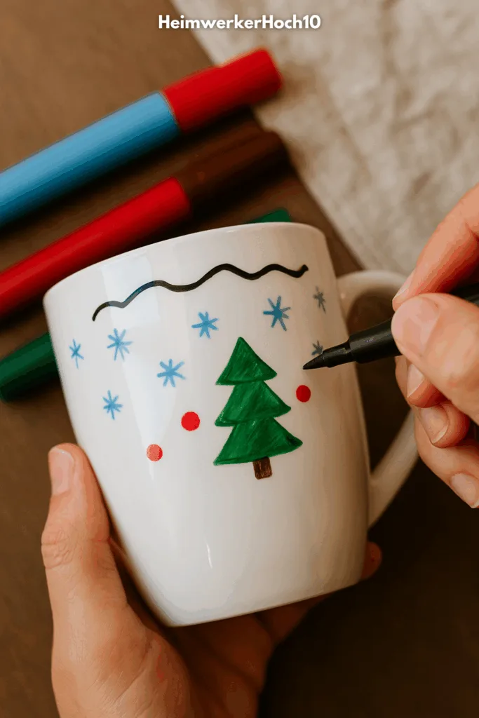 Keramik Tasse im Skandi Stil mit Tannenbaum und Wintermotiv bemalen