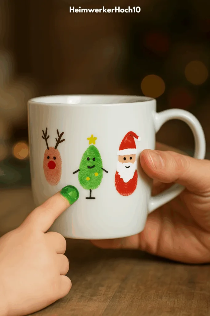 Keramik Tasse bemalen zu Weihnachten mit Fingerabdrücken und Kindermotiv