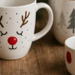 Drei weihnachtlich bemalte Keramiktassen mit Rentier-, Tannenbaum- und Fingerprint-Motiv