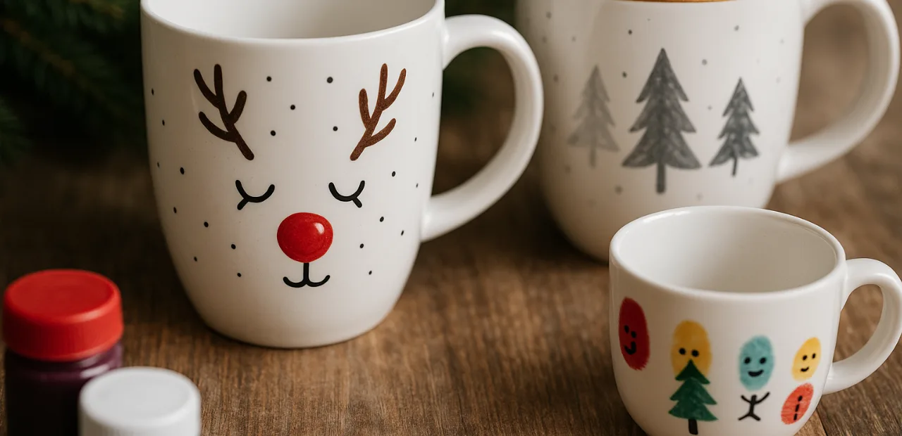 Drei weihnachtlich bemalte Keramiktassen mit Rentier-, Tannenbaum- und Fingerprint-Motiv