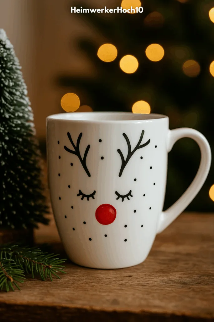 Weiße Keramiktasse mit handbemaltem Rentiermotiv für Weihnachten