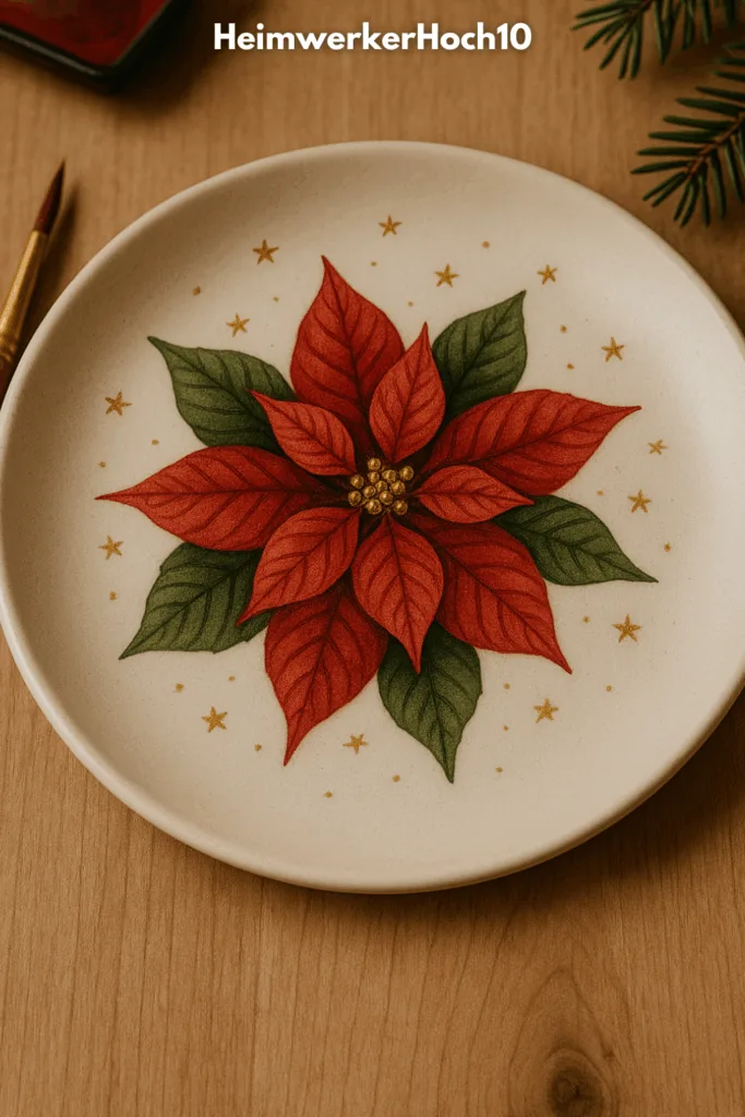 Keramik bemalen zu Weihnachten - 3 kreative Teller-Ideen Keramik bemalen Weihnachten – handbemalter Teller mit rotem Weihnachtsstern und goldenen Sternen