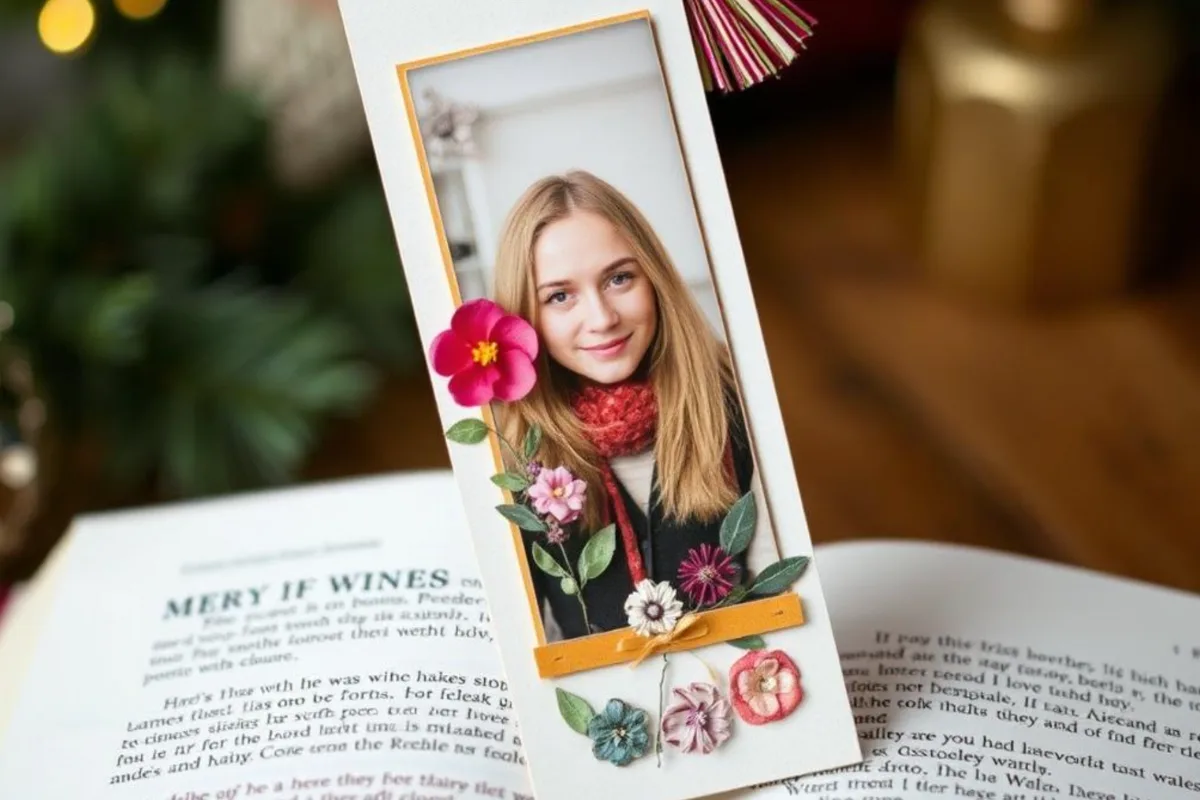 Selbstgemachtes Lesezeichen mit persönlichem Foto und Verzierungen