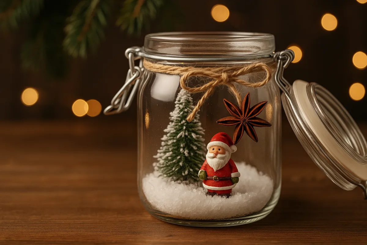 Mini-Weihnachtslandschaft im Weckglas mit Tannenbaum, Santa-Figur und Kunstschnee für festliche Stimmung.