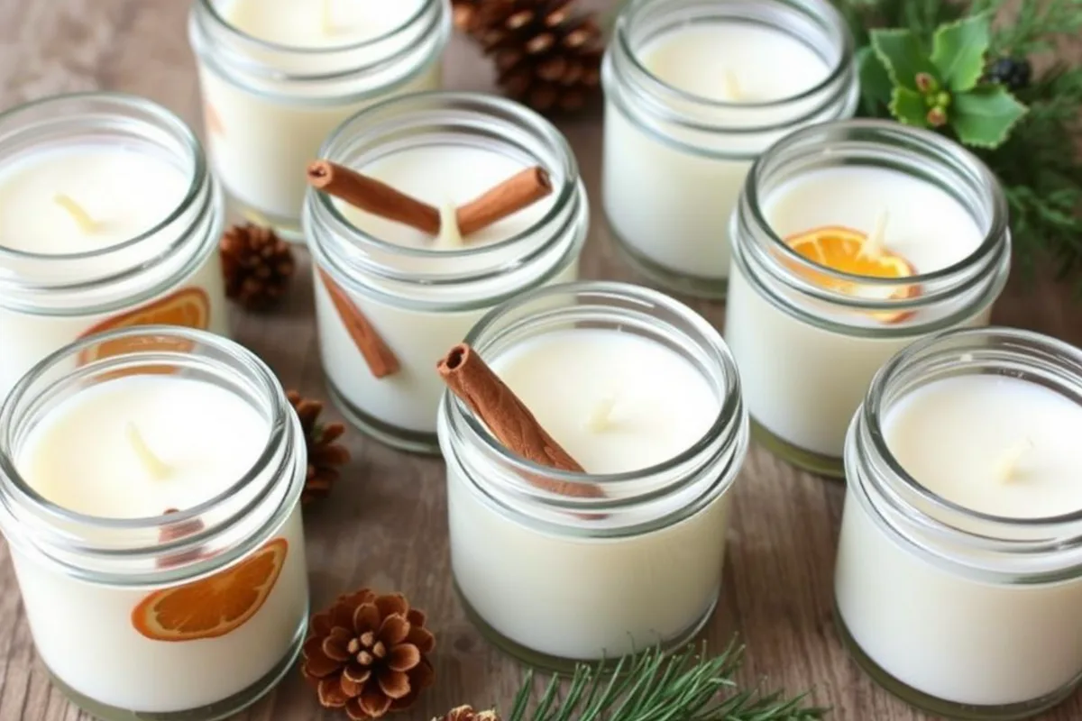 Selbstgemachte Duftkerzen mit Winteraromen und weihnachtlicher Dekoration