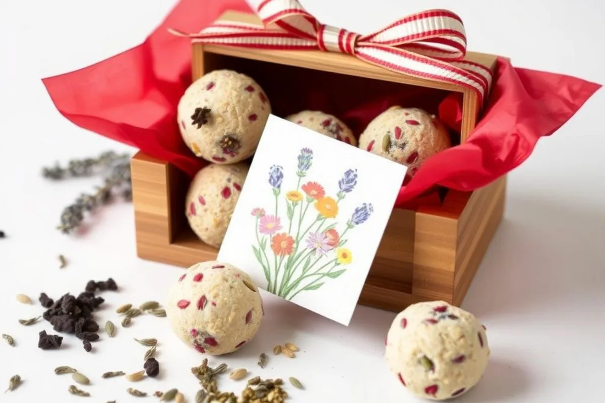 Samenbomben für Frühlingsblumen in weihnachtlicher Verpackung