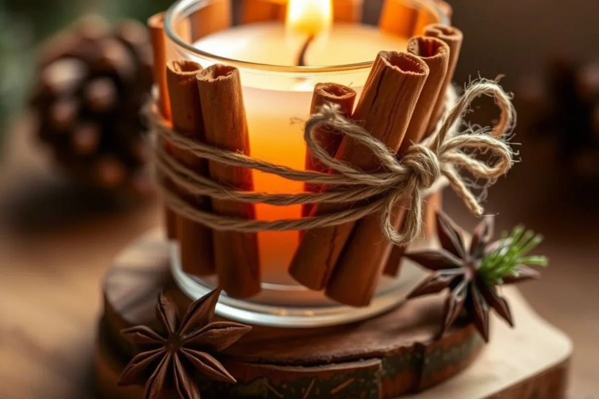 Teelicht umwickelt mit Zimtstangen und festlicher Dekoration