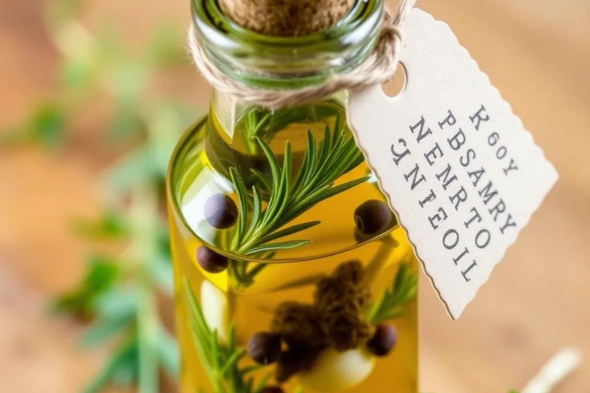 Flasche mit selbstgemachtem Gewürz-Öl und frischen Kräutern