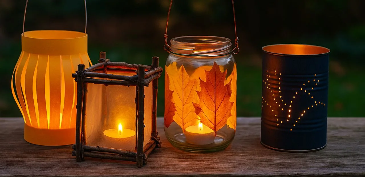 Laternen basteln: vier selbstgemachte Laternen aus Glas, Papier, Holz und Blech leuchten stimmungsvoll im Garten.