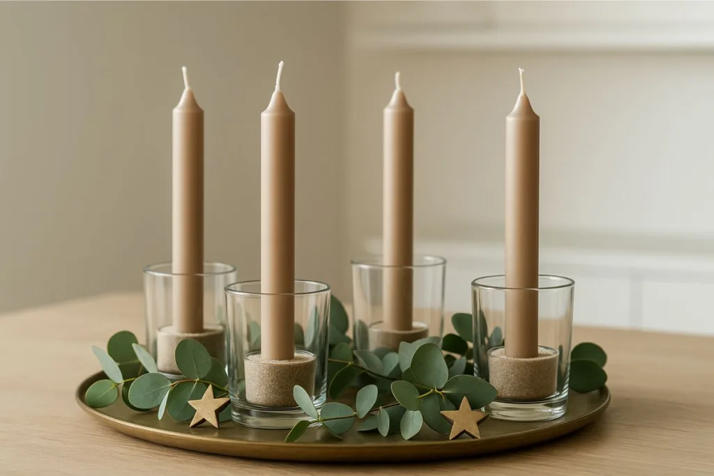 Moderner Adventskranz mit Glas und Metall, vier Kerzen im Glas mit Eukalyptuszweigen auf goldenem Tablett.