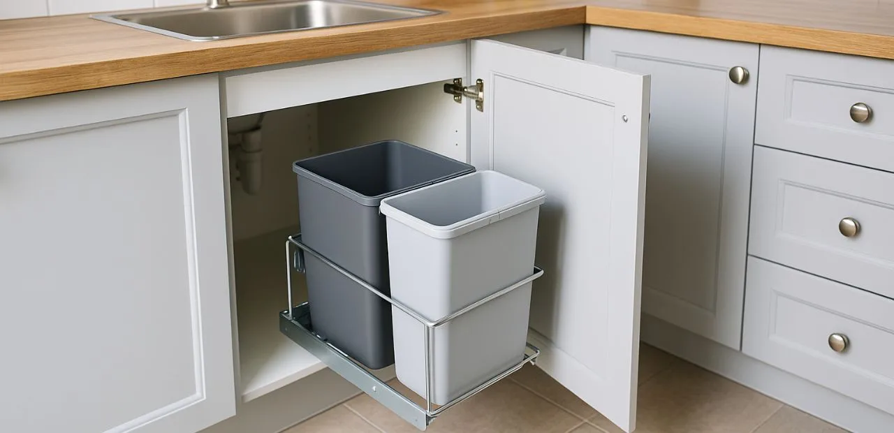 Moderner Küchenschrank mit integriertem Mülleimer – praktische Lösung zum Mülleimer verstecken in der Küche.