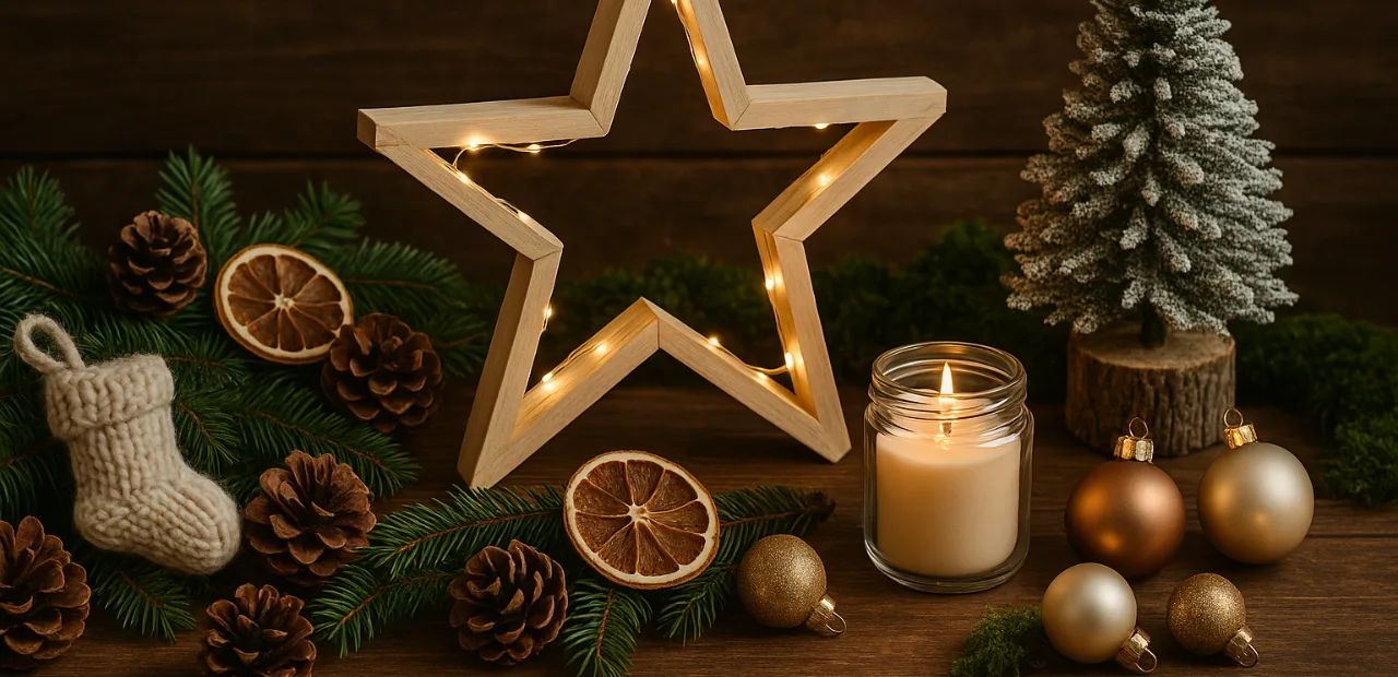 Natürliche Weihnachtstrends 2025 mit Holzstern, Kerze und Tannenzweigen