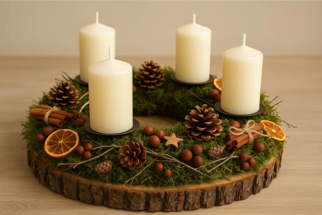 Natürlicher Adventskranz selber basteln aus Holzscheibe, Moos, Zapfen und Kerzen – gemütliche DIY-Idee.