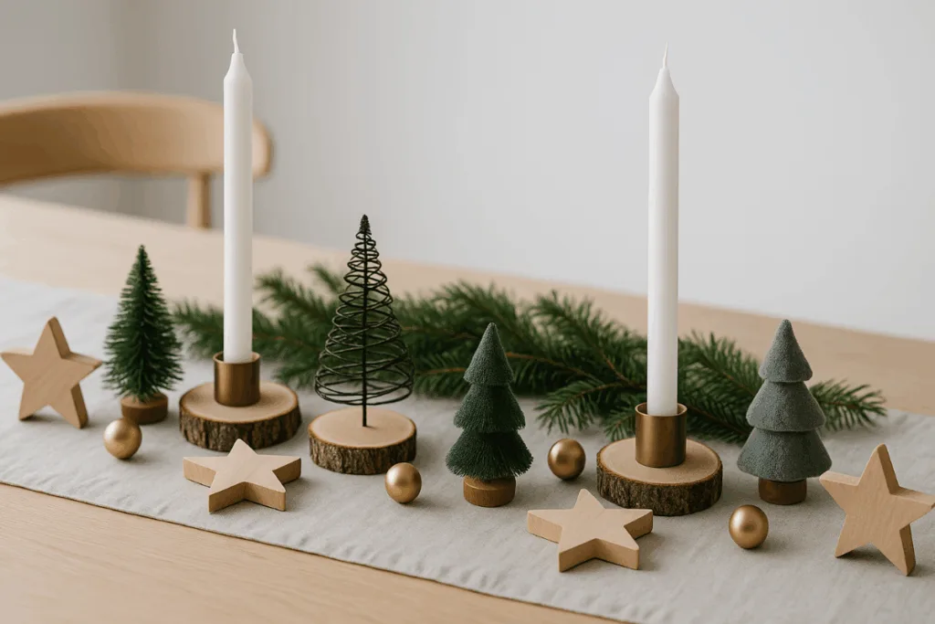 Skandinavische Tischdekoration Weihnachten mit Holzsternen, Kerzen und Tannenzweigen