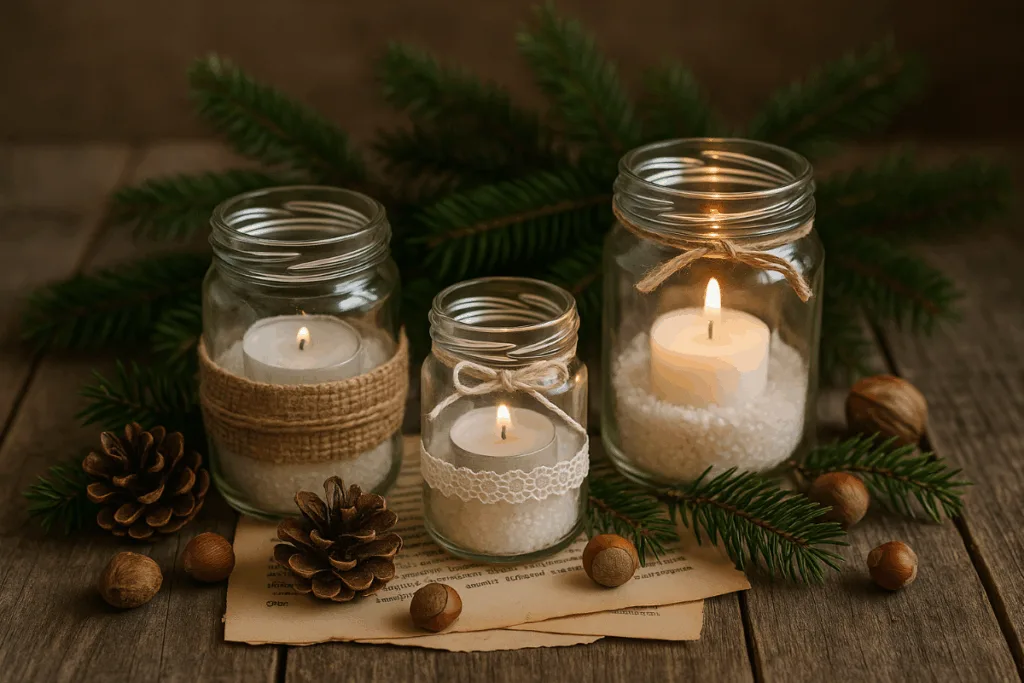 DIY Tischdekoration Weihnachten mit Gläsern, Tannenzweigen und Kerzen