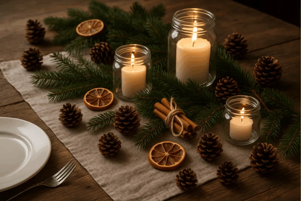 Tischdekoration Weihnachten mit Tannenzweigen, Kerzen, Zimtstangen und Zapfen