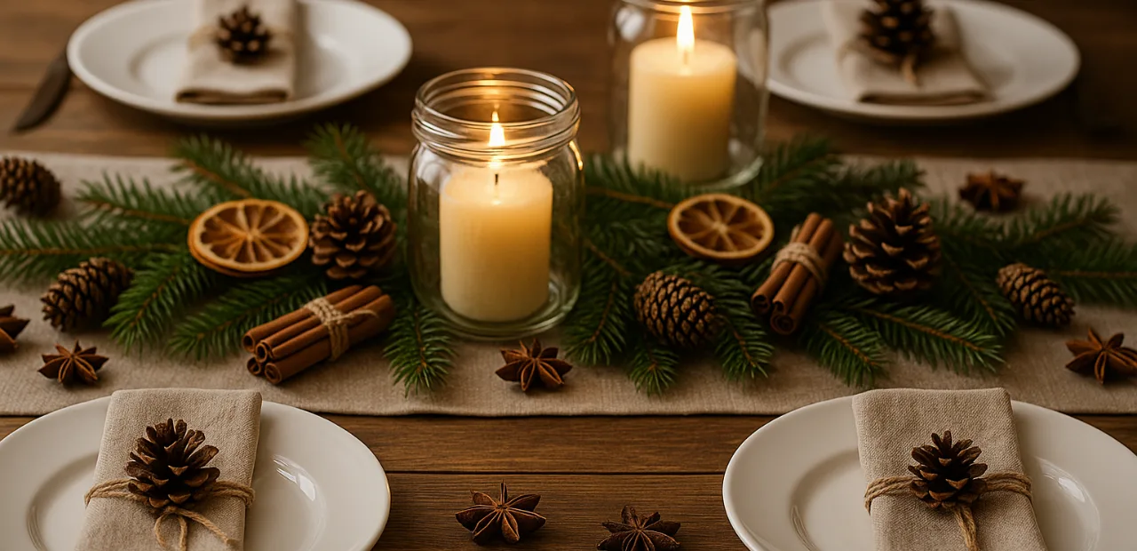 Natürliche Tischdekoration Weihnachten mit Tannenzweigen, Kerzen und Zapfen