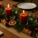 Tischläufer Weihnachten mit roten Kerzen, Tannenzweigen und Zimtstangen