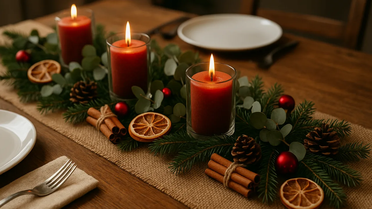 Tischläufer Weihnachten mit roten Kerzen, Tannenzweigen und Zimtstangen