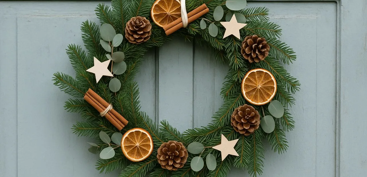 Winterlicher Türkranz selber gemacht aus Tannenzweigen, Zapfen, Orangenscheiben und Zimtstangen an Holztür.
