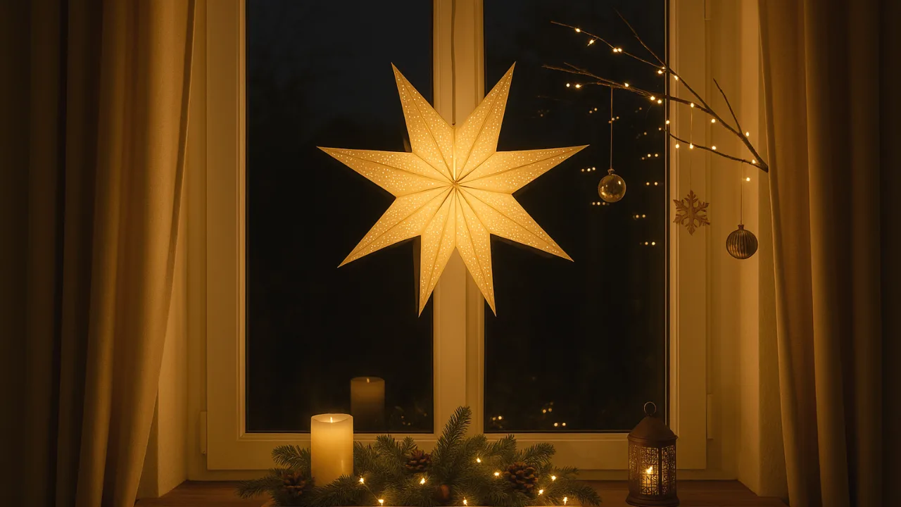 Warm leuchtendes Fenster zu Weihnachten mit Stern, Kerze und Tannenzweigen