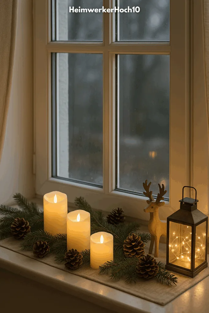 Weihnachtliche Fensterbeleuchtung mit Kerzen, Tannenzweigen und Laterne im skandinavischen Stil