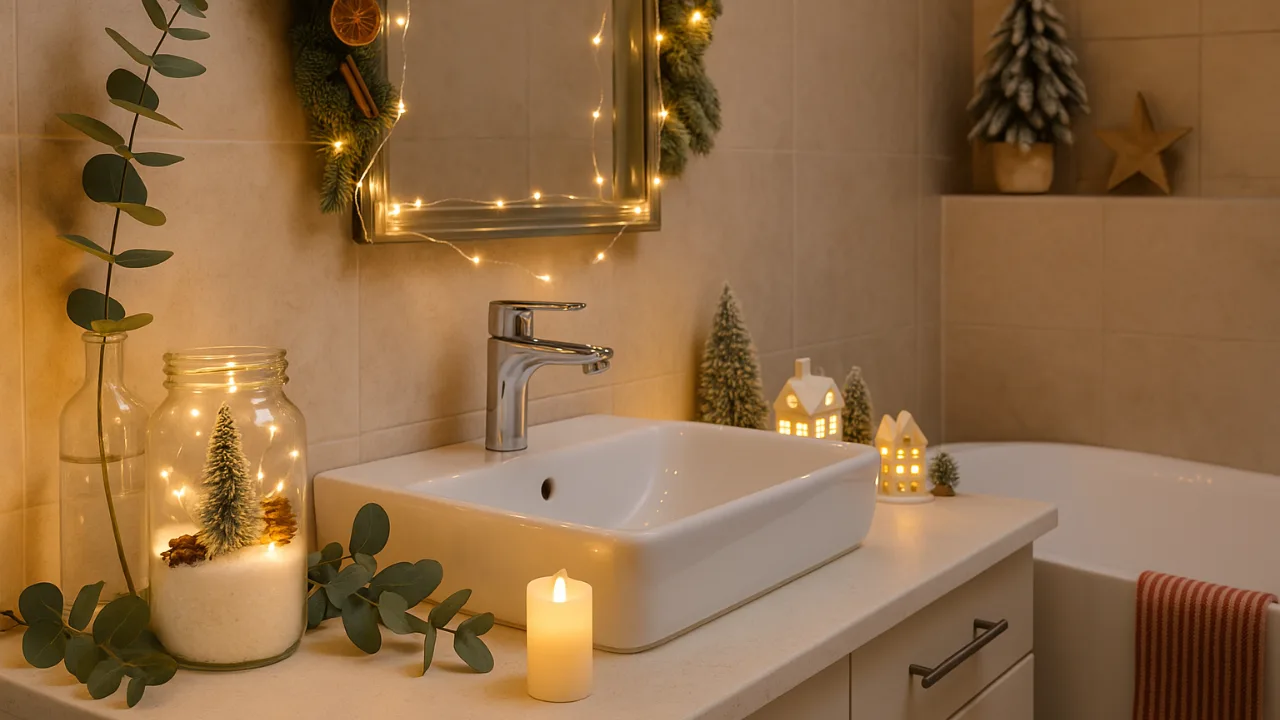 Modernes Badezimmer mit weihnachtlicher Dekoration, Lichterkette, Eukalyptus und Kerzen