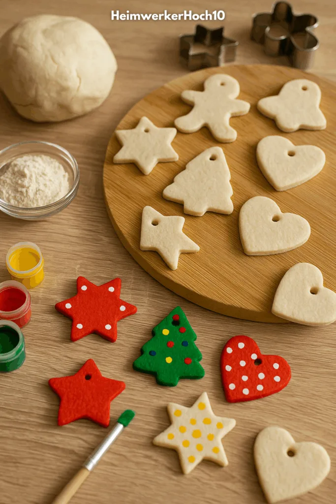 Weihnachtsbasteln mit Kindern - 3 einfache Ideen, die garantiert gelingen Kinder basteln Weihnachtsanhänger aus Salzteig auf Holztisch mit Ausstechformen