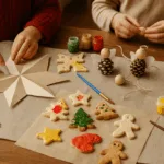 Kinder basteln Weihnachtsdekoration mit Papier, Salzteig und Tannenzapfen am Tisch