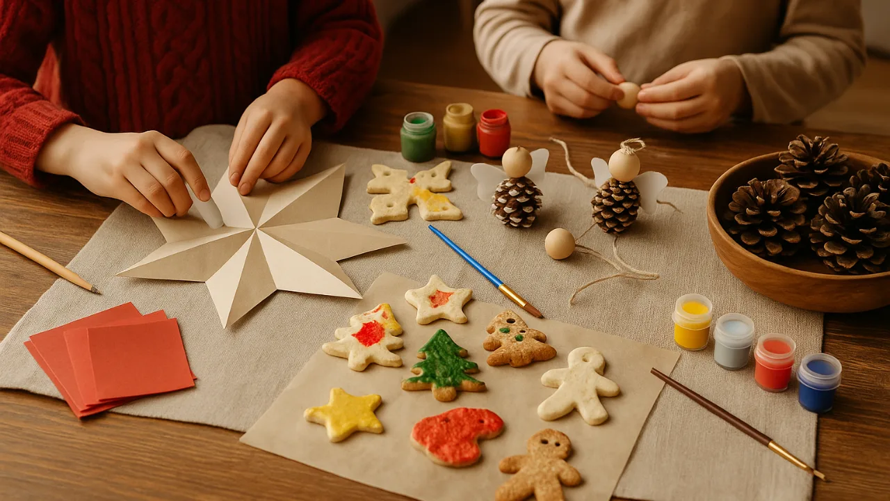 Kinder basteln Weihnachtsdekoration mit Papier, Salzteig und Tannenzapfen am Tisch