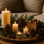 Rustikale Weihnachtsdeko auf Couchtisch mit Kerzen, Zapfen und Tannenzweigen