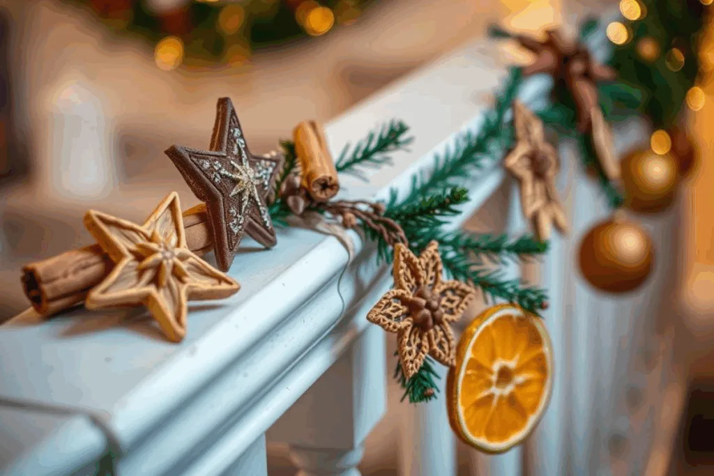 Weihnachtsdeko für Treppengeländer - 5 elegante Ideen! Saisonale Elemente wie Zimtstangen und Sternenmotive als Weihnachtsdeko für Treppengeländer