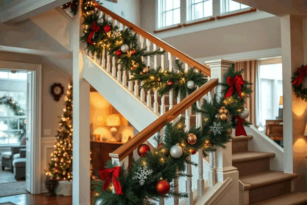 Weihnachtsdeko für Treppengeländer - 5 elegante Ideen! Festlich geschmücktes Treppengeländer mit Weihnachtsdeko in einem gemütlichen Zuhause