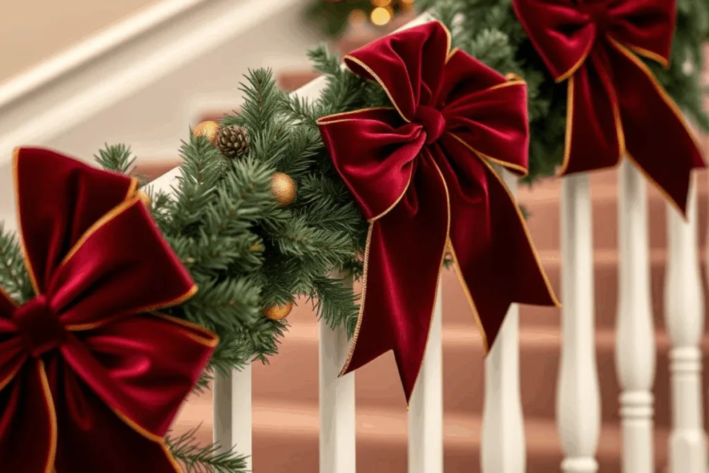 Weihnachtsdeko für Treppengeländer - 5 elegante Ideen! Elegante dunkelrote Samtschleifen als Weihnachtsdeko für Treppengeländer mit goldenen Akzenten