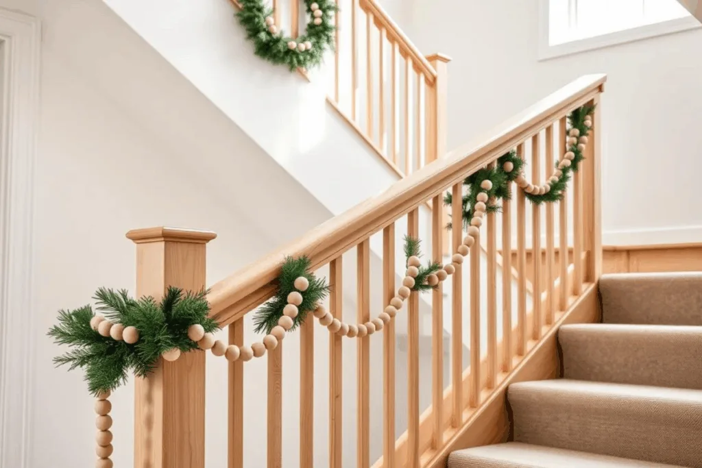 Weihnachtsdeko für Treppengeländer - 5 elegante Ideen! Minimalistische Holzkugel-Girlande am Treppengeländer im skandinavischen Weihnachtsstil