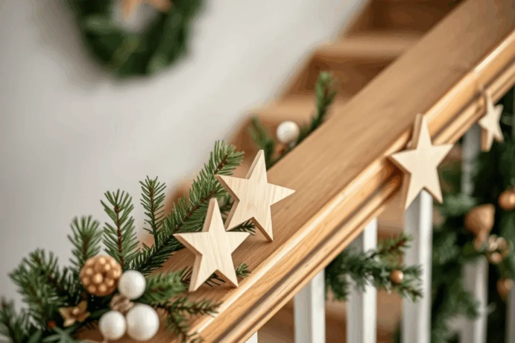 Weihnachtsdeko für Treppengeländer - 5 elegante Ideen! Detailaufnahme einer minimalistischen Weihnachtsdeko für Treppengeländer mit Holzsternen und natürlichen Materialien
